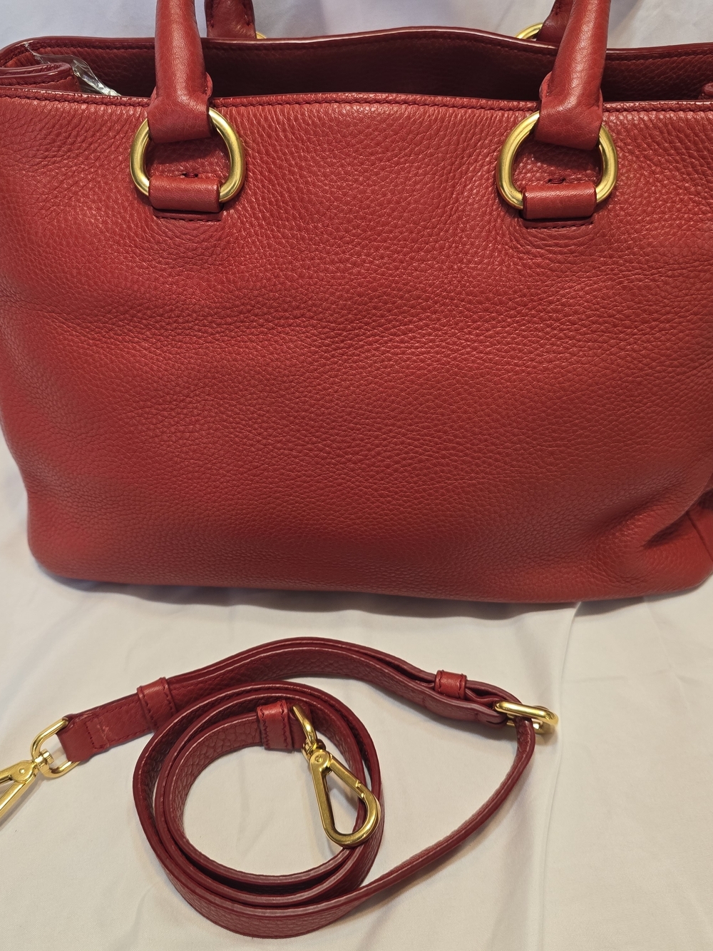 Auth PRADA Vitello Daino Rosso Red Leather 2-Way Tote Bag w/ Strap & Card - Picture 3 of 15